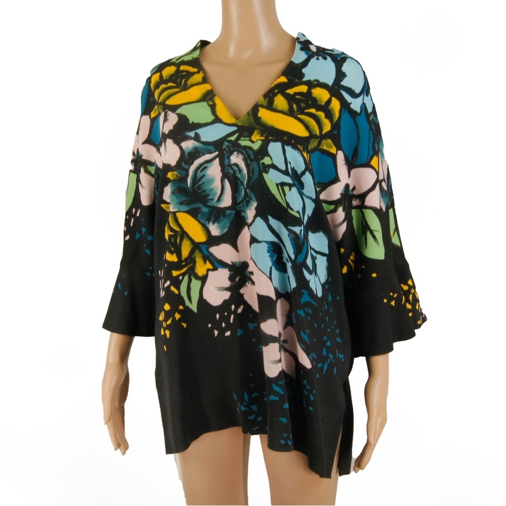 Escada Floral Print Bell Sleeve Black Silk Tunic Blouse Top